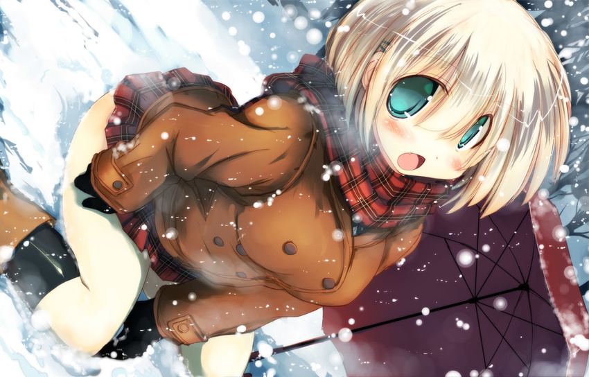 black_legwear blonde_hair blush boots coat fang green_eyes kneehighs kneeling looking_at_viewer open_mouth original plaid plaid_scarf plaid_skirt sakaki_(noi-gren) scarf short_hair skirt snow snowflakes snowing solo umbrella winter_clothes