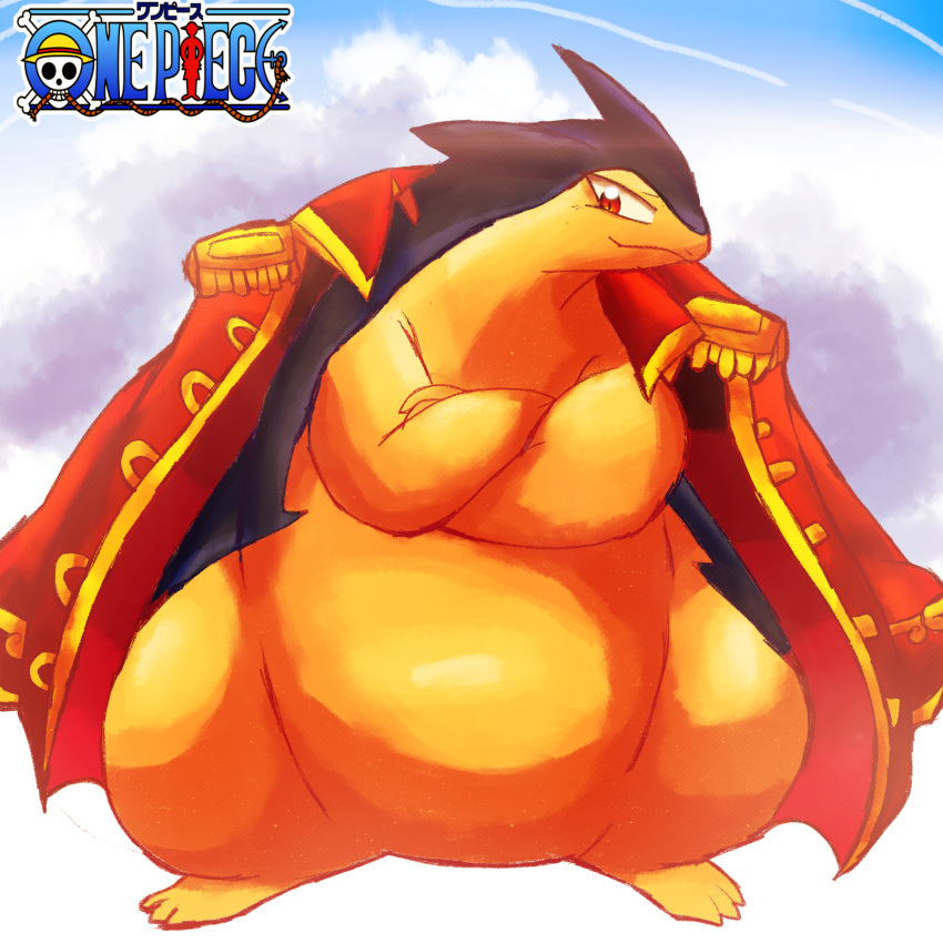 1:1 2026 accessory accessory_only anthro badger belly blue_body blue_fur cape cape_only clothing colored_line_art crossed_arms crossover digital_drawing_(artwork) digital_media_(artwork) felipotyphlosion fur generation_2_pokemon hi_res logo male male_anthro mammal mostly_nude mustelid musteline nintendo one_piece pirate pokemon pokemon_(species) pose red_cape red_clothing red_eyes remake simple_background sky solo tan_body tan_fur typhlosion