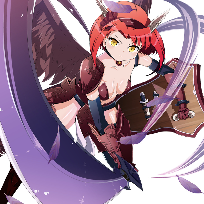 armor breasts cleavage feathers headband minerva_(p&amp;d) puzzle_&amp;_dragons red_hair shield sword weapon wings yellow_eyes
