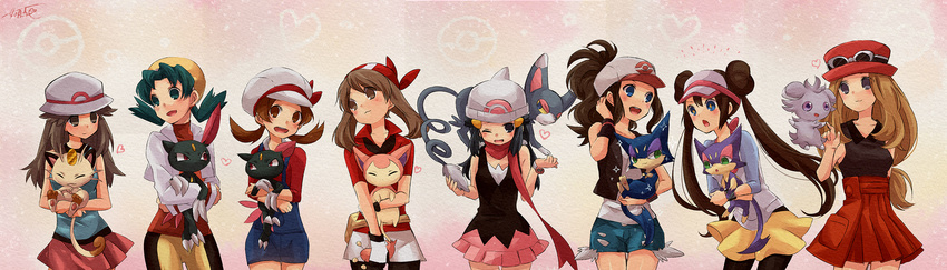 alternate_color bandana baseball_cap beanie bike_shorts black_hair blonde_hair blue_(pokemon) blue_eyes blush bow bracelet brown_eyes brown_hair cabbie_hat cat cat_day crystal_(pokemon) denim denim_shorts double_bun espurr gen_1_pokemon gen_2_pokemon gen_3_pokemon gen_4_pokemon gen_5_pokemon gen_6_pokemon glameow green_eyes green_hair hair_ornament hairclip haruka_(pokemon) hat hat_bow heart highres hikari_(pokemon) jewelry kisaragi_itsuka_(aufheben) kotone_(pokemon) long_hair mei_(pokemon) meowth miniskirt multiple_girls overalls pleated_skirt pokemon pokemon_(creature) pokemon_(game) pokemon_bw pokemon_bw2 pokemon_dppt pokemon_frlg pokemon_gsc pokemon_hgss pokemon_rse pokemon_xy purrloin raglan_sleeves scarf serena_(pokemon) shiny_pokemon shirt shorts signature skirt skitty sleeveless sleeveless_shirt smile sneasel touko_(pokemon) twintails vest visor_cap wristband