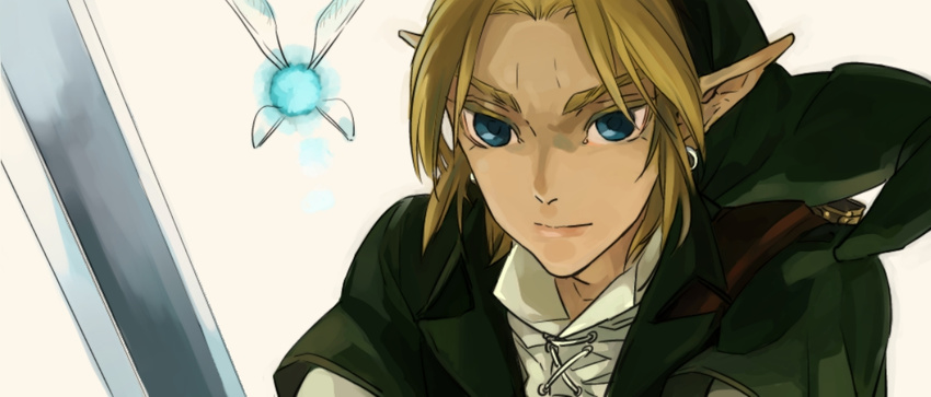 bad_id bad_pixiv_id ball beige_background blonde_hair blue_eyes collared_shirt earrings fairy fairy_wings flying glowing green_hat hat holding holding_sword holding_weapon jewelry link looking_at_viewer navi orb phrygian_cap pointy_ears shirt simple_background sword the_legend_of_zelda tobacco_(tabakokobata) tunic weapon white_shirt wings