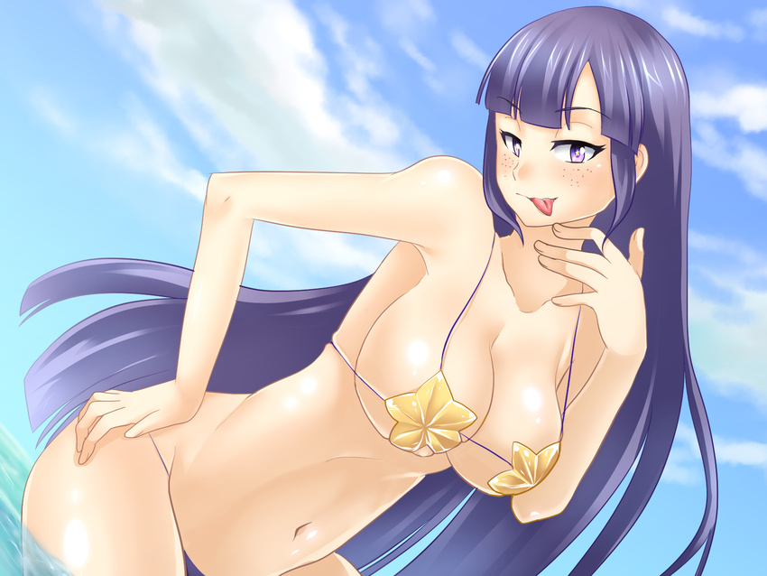 1girl :p bikini breasts cleavage freckles gundam gundam_build_fighters large_breasts long_hair mihoshi_(gundam_bf) ocean purple_eyes purple_hair smile solo swimsuit tongue tongue_out very_long_hair water