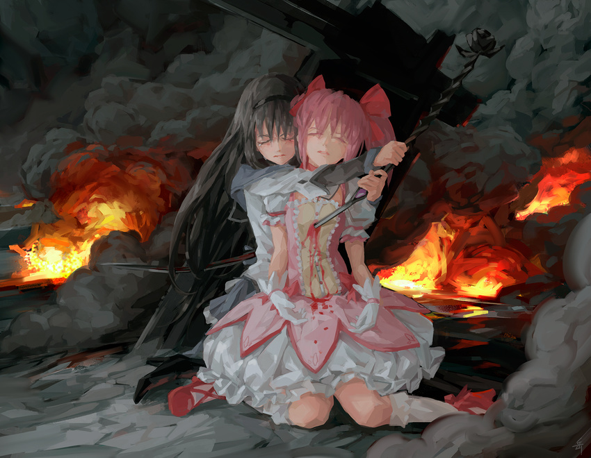 akemi_homura archlich bad_id bad_pixiv_id black_hair blood bloody_clothes bow_(weapon) closed_eyes commentary_request fire gloves hairband kaname_madoka kneeling lips magical_girl mahou_shoujo_madoka_magica mahou_shoujo_madoka_magica_movie multiple_girls pink_hair smoke spoilers stabbed tears twintails weapon