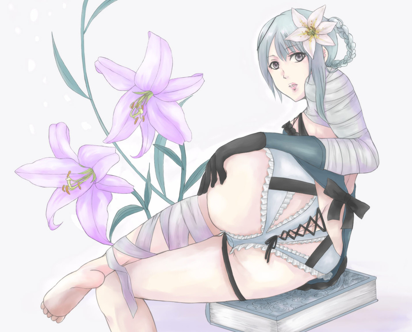 1girl artist_request ass ass_grab bandage book braid butt_crack flower frilled_panties frills from_behind gloves hair_flower hair_ornament hand_on_ass kaine_(nier) lily_(flower) lips looking_at_viewer looking_back lying nier panties short_hair silver_eyes silver_hair solo underwear