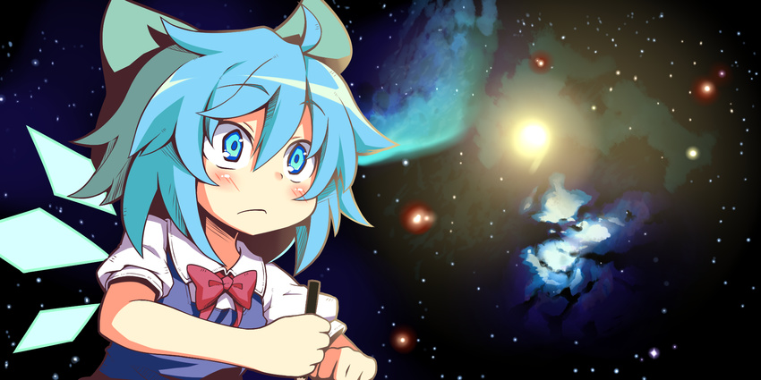 blue_eyes blue_hair bow cirno commentary_request dorowa_no_hito hair_bow highres ice ice_wings parody pen solo space star_(sky) touhou universe wings