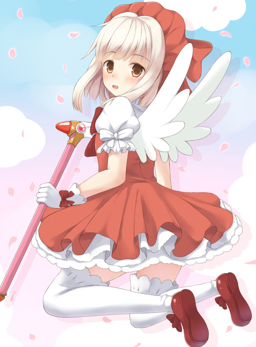 blush bow brown_eyes cardcaptor_sakura cherry_blossoms cloud cosplay dress frilled_sleeves frills fuuin_no_tsue gloves hat hidamari_sketch highres holding kinomoto_sakura kinomoto_sakura_(cosplay) nazuna open_mouth over-kneehighs petals red_hat shoes short_sleeves silhouette solo thighhighs wand white_gloves white_hair white_legwear white_wings wings yosshii_(ropichan2)