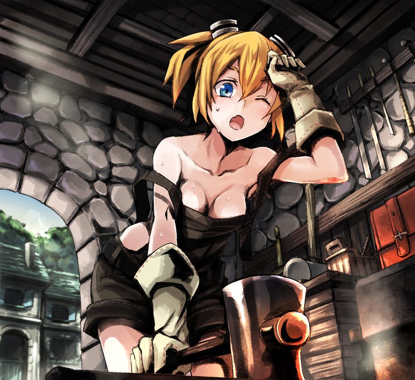 bad_id bad_pixiv_id bernd_workshop blonde_hair blue_eyes breasts cleavage gloves goggles goggles_on_head hammer medium_breasts one_eye_closed overalls sekaiju_no_meikyuu sekaiju_no_meikyuu_4 solo sweat tubameraamen