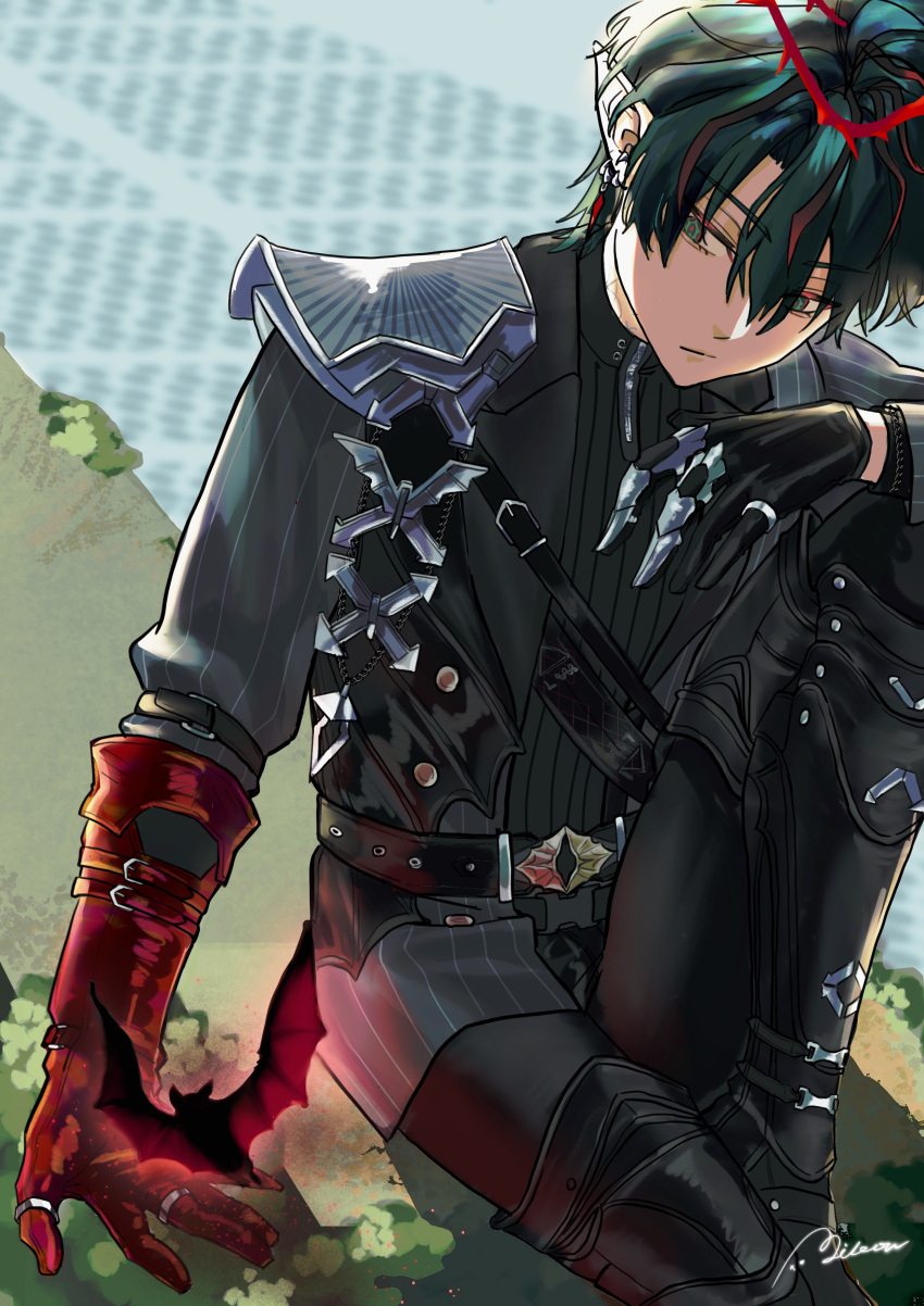 1boy absurdres arknights arknights:_endfield arm_on_knee asymmetrical_gloves bat_(animal) belt blue_eyes blue_hair boots camille_(arknights) closed_mouth commentary_request gloves head_tilt highres jewelry kingur0817 knee_up long_sleeves looking_at_animal male_focus multiple_rings neck_tattoo outdoors pointy_ears ring solo tattoo vampire watermark
