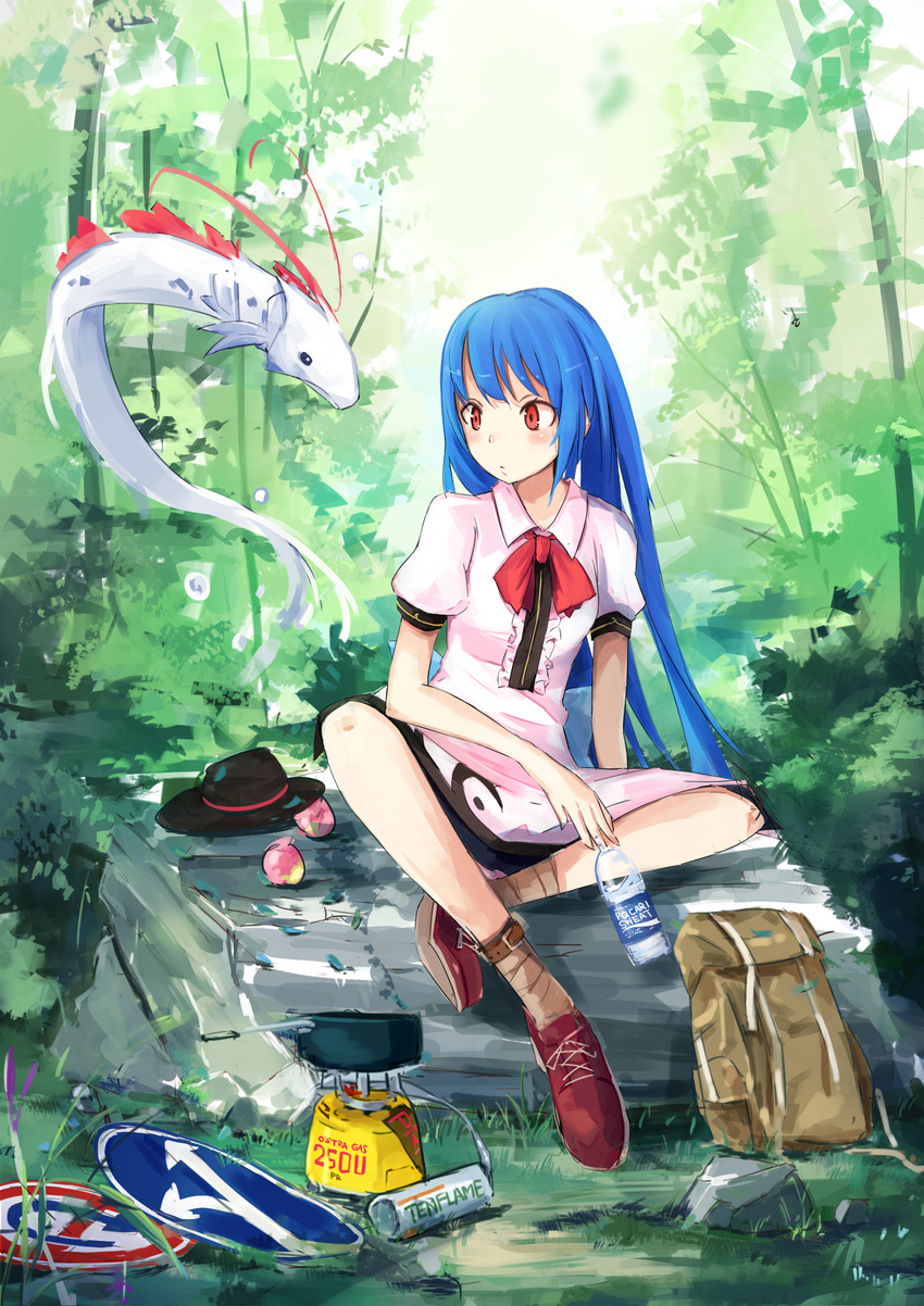 backpack bad_id bad_pixiv_id bag bare_legs blue_hair bottle bow bowtie creature flying food forest fruit frying_pan hat highres hinanawi_tenshi long_hair looking_to_the_side nagae_iku nagae_iku_(fish) nature oarfish outdoors peach plant puffy_short_sleeves puffy_sleeves red_bow red_eyes red_neckwear road_sign rock scales short_sleeves sign sitting tetsurou_(fe+) touhou tree very_long_hair water_bottle