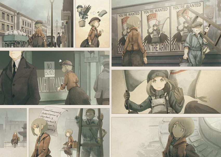 asterisk_kome bird_girl city comic english_text fountain hat helmet jacket ladder lamppost long_hair military military_uniform money monochrome original poster_(object) road street uniform winged_fusiliers wings world_war_i