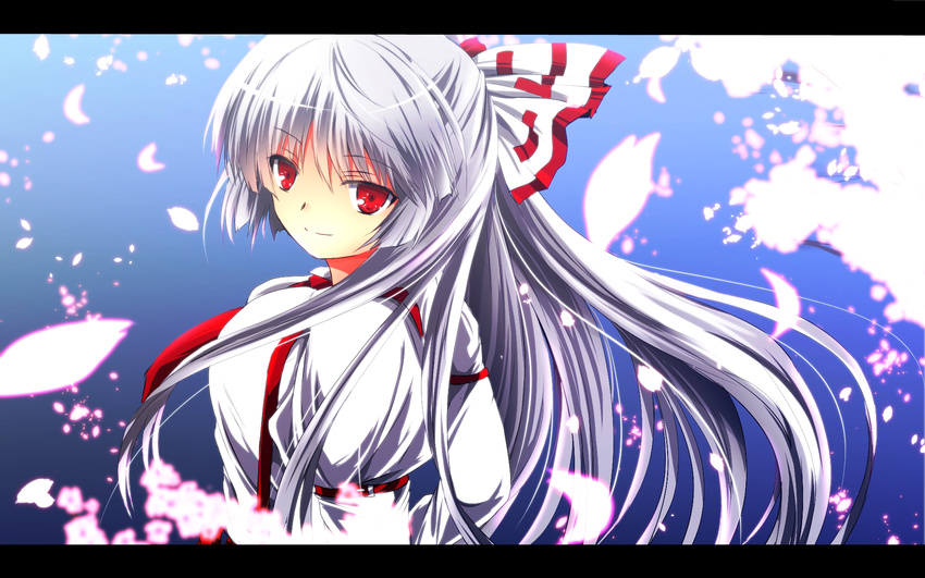 bow fujiwara_no_mokou hair_bow highres juliet_sleeves letterboxed long_hair long_sleeves looking_at_viewer looking_back nekominase petals puffy_sleeves red_eyes shirt silver_hair smile solo suspenders touhou upper_body very_long_hair