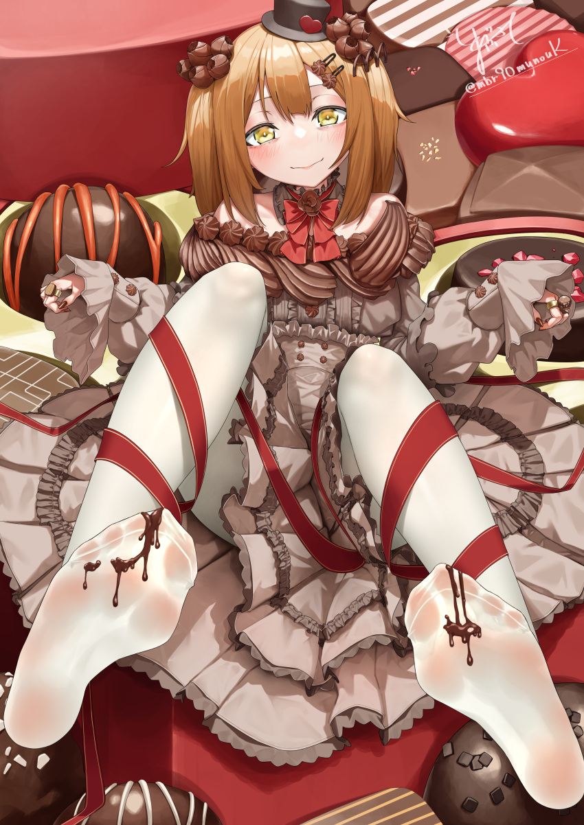 1girl absurdres bare_shoulders black_hat blush box box_of_chocolates brown_dress brown_hair brown_nails chocolate chocolate_on_body chocolate_on_foot closed_mouth commentary dress feet food_on_body foot_focus frilled_dress frills full_body hair_ornament hairclip hat heart highres knees_up legs lolita_fashion long_sleeves looking_at_viewer maburoku mini_hat nail_polish no_shoes off_shoulder original pantyhose pleated_dress puffy_long_sleeves puffy_sleeves red_ribbon ribbon shadow sidelocks signature sitting sleeves_past_wrists smile soles solo toes twintails twitter_username white_pantyhose yellow_eyes