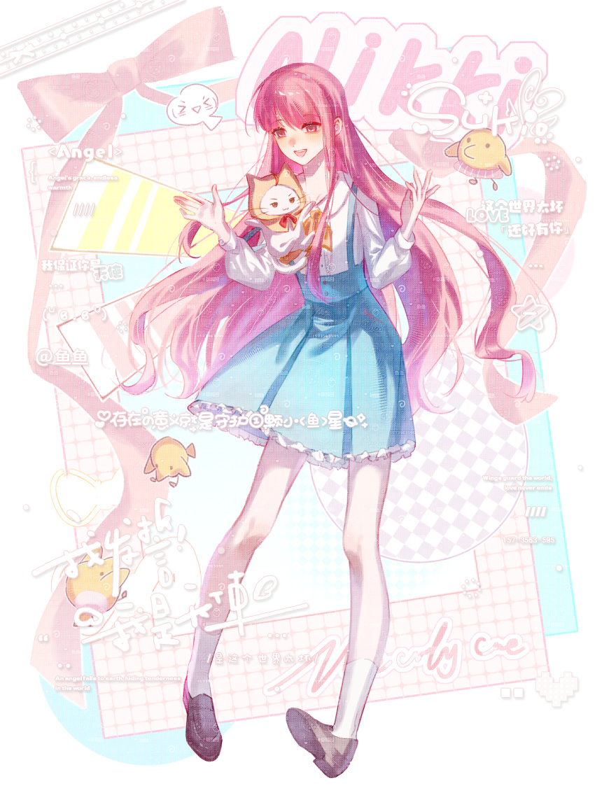 1girl :3 absurdres ahoge animal ankle_socks artist_request baby_animal bird blue_background blue_skirt border bow bowtie brown_eyes brown_shoes buttons cat character_name chick chinese_commentary cloak closed_mouth clothed_animal collarbone collared_shirt commentary_request commission dot_nose ear_covers eyelashes frilled_skirt frills full_body gifty_(nikki) happy high-waist_skirt highres hood hood_up hooded_cloak knees light_blush loafers long_hair long_sidelocks long_sleeves looking_at_viewer miniskirt momo_(nikki) nikki_(nikki) nikki_(series) nikki_up2u2:_world_traveller open_mouth outside_border picture_frame pink_hair pleated_skirt puffy_long_sleeves puffy_sleeves red_bow red_bowtie sample_watermark second-party_source shirt shoes sidelocks skirt smile socks standing suspender_skirt suspenders teeth too_many_watermarks upper_teeth_only very_long_hair watermark wavy_hair whiskers white_border white_cat white_shirt white_socks yellow_bow yellow_bowtie yellow_cloak