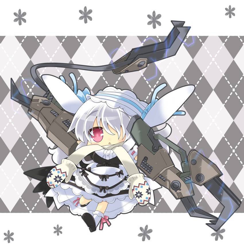 animal_ears argyle argyle_background black_wings blush bunny_ears claw_(weapon) fake_animal_ears flower hair_over_one_eye headdress highres long_hair maid milkpanda mittens open_mouth phantasy_star phantasy_star_online_2 red_eyes ribbon scarf silver_hair weapon wings