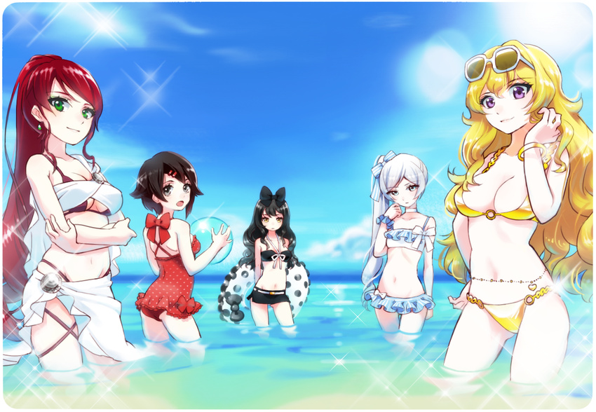 5girls ball bikini black_hair blake_belladonna blonde_hair blue_eyes bow breasts cleavage cloud cyan_eyes dokur01 earrings green_eyes grey_eyes jewelry large_breasts long_hair multiple_girls ocean ponytail purple_eyes pyrrha_nikos red_hair ruby_rose rwby short_hair silver_eyes sky sunglasses swimsuit swimwear water weiss_schnee white_hair yang_xiao_long yellow_eyes