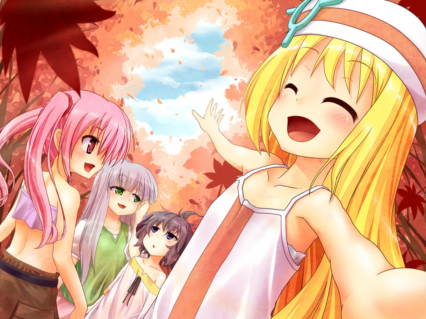 blonde_hair blue_eyes brown_hair character_request closed_eyes dress green_eyes hat highres long_hair midriff multiple_girls outstretched_arms pink_eyes pink_hair short_hair silver_hair sleeveless sleeveless_dress smile twintails umarutsufuri