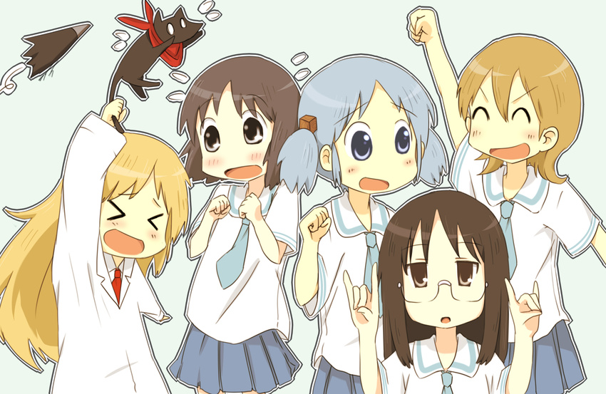 &gt;_&lt; ^_^ aioi_yuuko bird black_eyes black_hair blonde_hair blue_eyes blue_hair brown_hair cat closed_eyes crow crow_(nichijou) flying_sweatdrops glasses hair_cubes hair_ornament highres labcoat long_hair minakami_mai multiple_girls naganohara_mio necktie nichijou nobinonki open_mouth outline professor_shinonome sakamoto_(nichijou) scarf school_uniform shinonome_nano short_hair smile tokisadame_school_uniform twintails