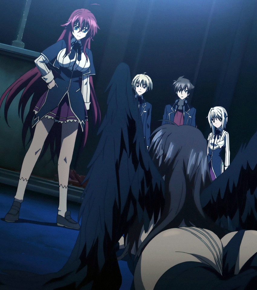 2boys 3girls ahoge ass bangs black_hair black_wings blonde_hair breasts brown_hair hair_between_eyes hand_on_hip high_school_dxd highres hyoudou_issei indoors kiba_yuuto large_breasts legs long_hair long_image looking_at_another lying multiple_boys multiple_girls night on_stomach panties red_hair rias_gremory school_uniform screencap shoes short_hair socks standing stitched tall_image thong toujou_koneko underwear white_hair wings