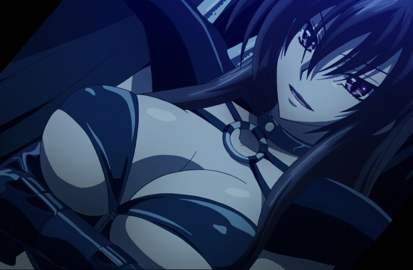 1girl :d bangs black_background black_bra black_gloves black_hair bra breasts bust choker crossed_arms dutch_angle female gloves hair_between_eyes high_school_dxd highres large_breasts long_hair looking_at_viewer open_mouth pauldrons purple_eyes raynare reinare screencap shiny shiny_skin simple_background smile solo stitched underwear upper_body
