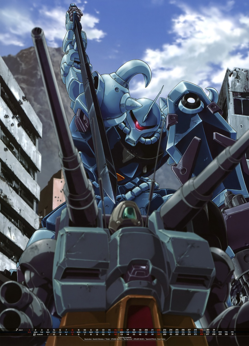 gouf_custom gundam gundam_08th_ms_team guntank mecha official_art shield shindou_kenichi sword weapon