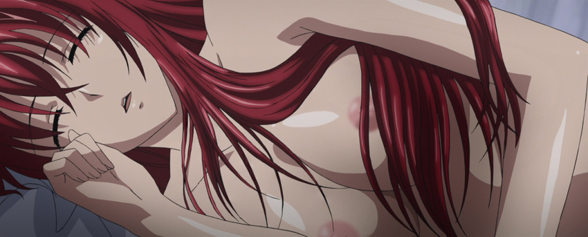 1girl breasts eyes_closed high_school_dxd highres large_breasts large_breats long_hair nipples nude red_hair rias_gremory sleeping stitched