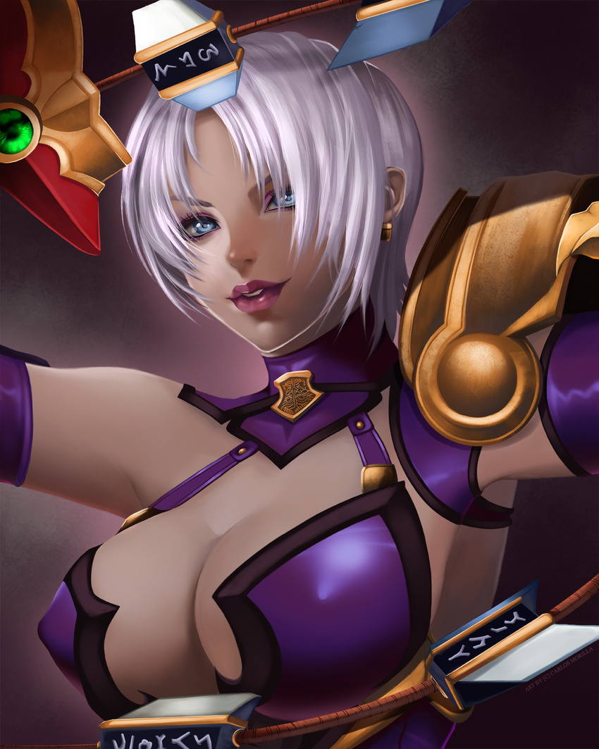 armor blue_eyes breasts carlos_morilla cleavage covered_nipples earrings eyeshadow highres isabella_valentine jewelry large_breasts lipstick makeup short_hair solo soulcalibur soulcalibur_ii upper_body weapon whip_sword white_hair