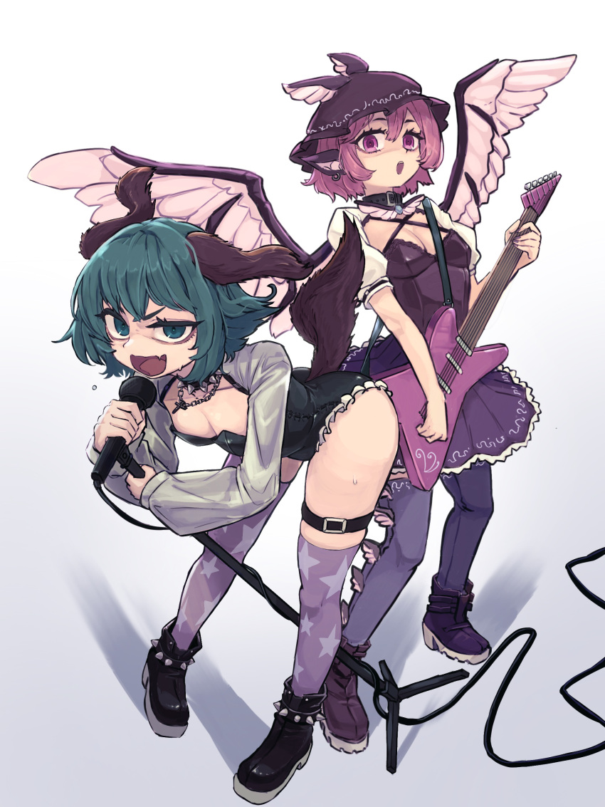 2girls absurdres alternate_costume animal_ears belt belt_collar bird_ears bird_wings black_boots black_choker black_leotard boots breasts brown_collar choker choujuu_gigaku cleavage collar commentary_request cross cross_necklace dog_ears dog_girl dog_tail fang green_eyes green_hair guitar highres holding holding_guitar holding_instrument holding_microphone_stand instrument jewelry kaden_(muxt8423) kasodani_kyouko leaning_forward leotard looking_at_viewer microphone_stand multiple_girls mystia_lorelei necklace open_mouth pink_eyes pink_hair pink_thighhighs playboy_bunny print_thighhighs purple_boots purple_leotard short_hair shrug_(clothing) singing skin_fang skindentation small_breasts smile speaker spiked_choker spikes star_(symbol) star_print strapless strapless_leotard tail thigh_belt thigh_strap thighhighs touhou white_shrug winged_hat wings