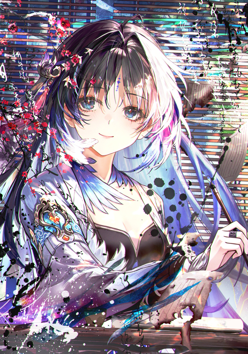 1girl absurdres black_hair blue_eyes blue_hair breasts burnt_paper chinese_commentary cleavage closed_mouth commentary_request feather_hair hair_ornament hand_up highres jacket jin_sumire long_hair long_sleeves looking_at_viewer medium_breasts parted_bangs smile solo tacet_mark_(wuthering_waves) upper_body white_jacket wuthering_waves yangyang_(wuthering_waves) yangyang_(xuanling)_(wuthering_waves)