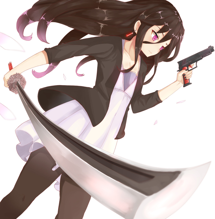 absurdres black_hair black_legwear dress dual_wielding earrings enki_(dragonfire) flat_chest foreshortening gun handgun highres holding jacket jewelry katana long_hair pantyhose petals pink_eyes pistol solo sword trigger_discipline weapon