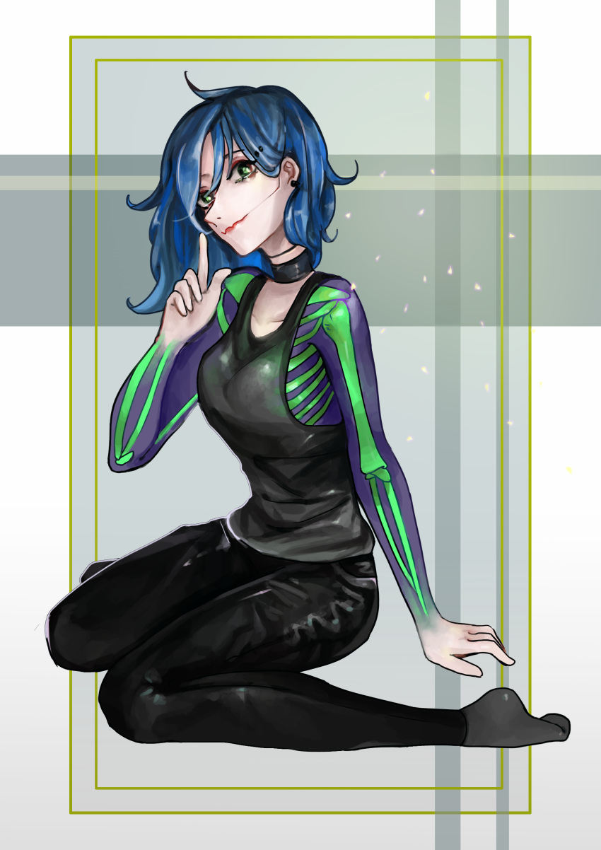 1girl absurdres ahoge black_choker black_footwear blue_hair choker closed_mouth commentary earrings english_commentary fangs green_eyes highres jewelry long_hair looking_at_viewer making_of original pointing pointing_up red_lips simha sitting solo wariza