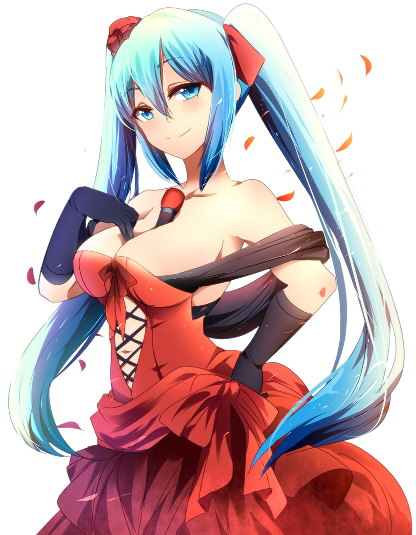 backlighting bare_shoulders between_breasts black_gloves blue_eyes blue_hair breasts cleavage dress elbow_gloves gloves hair_ribbon half-closed_eyes hatsune_miku highres large_breasts long_hair looking_at_viewer microphone microphone_stand off_shoulder petals red_dress ribbon smile solo twintails umakatsuhai very_long_hair vocaloid