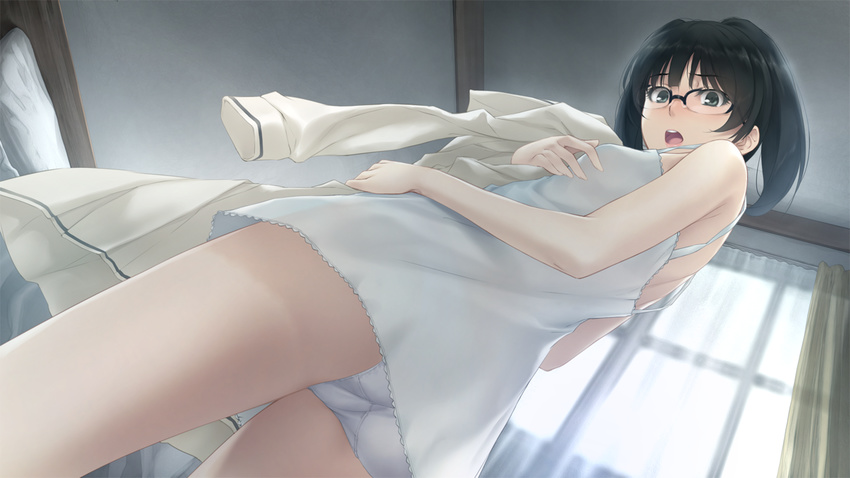 1girl bed black_eyes black_hair blush breasts game_cg glasses highres innocent_grey kara_no_shoujo_2 kohane_torii legs looking_down open_mouth panties pillow short_hair small_breasts standing sugina_miki surprised thighs twintails underwear