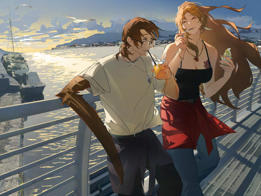 1boy 1girl ^_^ arthropod_boy arthropod_limbs belt bird black_pants black_tank_top blue_pants boat breast_tattoo breasts brown_hair casual cleavage closed_eyes clothes_around_waist contemporary cup dock drink eating food glasses gregor_(project_moon) hand_on_railing highres holding holding_cup ice_cream jacket jacket_around_waist jewelry large_breasts limbus_company long_hair low_ponytail luan_(luans51129268) medium_hair necklace ocean outdoors pants photo_background ponytail project_moon railing rodion_(project_moon) sailboat seagull ship shirt short_sleeves sky smile spaghetti_strap spoon sundae tank_top tattoo very_long_hair watercraft white_shirt