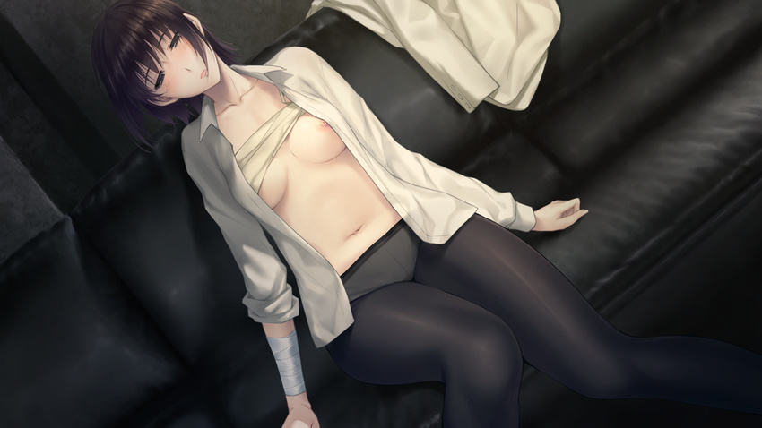 1girl areolae black_eyes black_hair blush breasts embarrassed game_cg highres innocent_grey kara_no_shoujo_2 legs looking_at_viewer medium_breasts navel nipples panties pantyhose sato_ayumu shirt_lift short_hair sitting solo sugina_miki thighs underwear