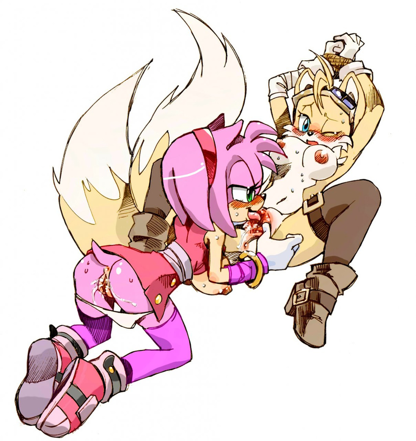 anthro bdsm blue_eyes blush bondage bound breasts butt canine clothing crossgender eyewear female fox fur gloves goggles green_eyes hedgehog lesbian mammal miles_prower nipples open_mouth panties pink_fur plain_background pussy sega smile sonic_(series) sonic_boom twistedterra underwear vaginal video_games white_fur yellow_fur