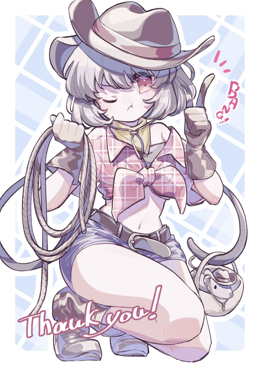 1girl :t absurdres alternate_costume animal_ears bandana bandana_around_neck basket belt boots brown_belt brown_boots brown_gloves brown_hat closed_mouth commentary_request commission cowboy cowboy_hat finger_gun gloves grey_hair hat highres holding holding_rope holding_with_tail looking_at_viewer mouse_(animal) mouse_ears mouse_girl mouse_tail nazrin one_eye_closed pout prehensile_tail red_eyes red_shirt rope shirt skeb_commission solo squatting tail thighs tied_shirt toori_sototo touhou yellow_bandana