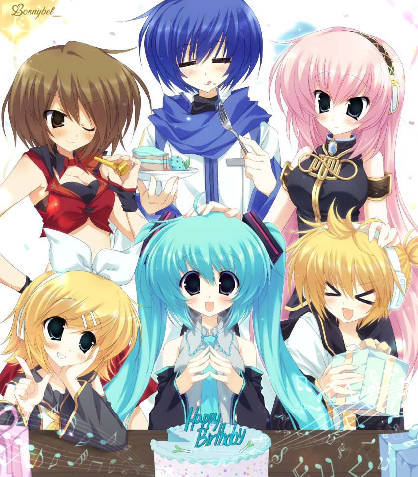 >_< 1boy 5girls aqua_hair aqua_necktie artist_name birthday birthday_cake blonde_hair blue_hair brown_hair cake closed_eyes commentary eating english_commentary food gift hand_on_another's_head happy_birthday hatsune_miku highres holding holding_gift jelly_(bonnybel) kagamine_len kagamine_rin kaito_(vocaloid) long_hair megurine_luka meiko_(vocaloid) multiple_girls necktie one_eye_closed open_mouth own_hands_together pink_hair short_hair smile steepled_fingers twintails vocaloid