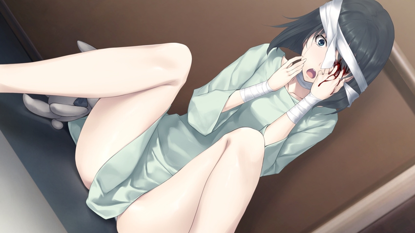 1girl bandage black_hair blood blue_eyes game_cg highres innocent_grey kara_no_shoujo_2 legs looking_down open_mouth short_hair sitting solo spread_legs sugina_miki tears thighs