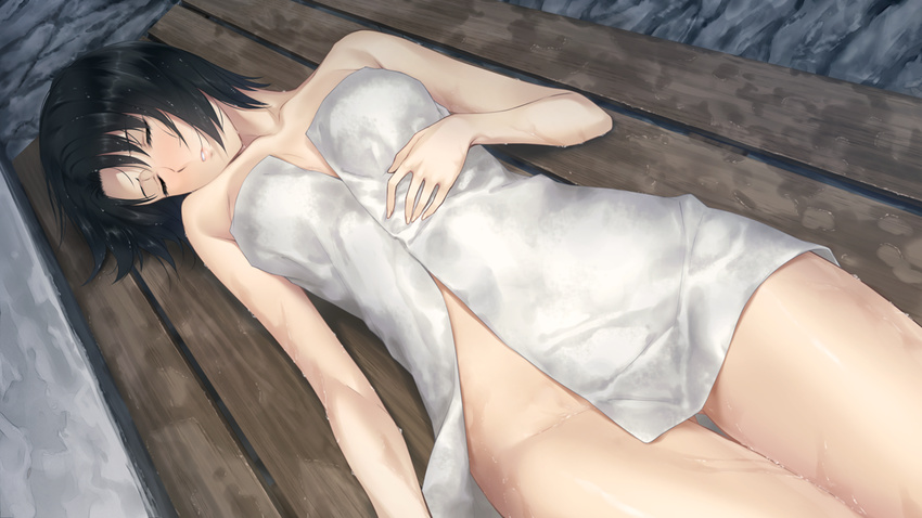 1girl bare_shoulders black_hair blush breasts eyes_closed game_cg highres innocent_grey kara_no_shoujo_2 legs lying medium_breasts nude short_hair solo sugina_miki thighs towel unconscious wet