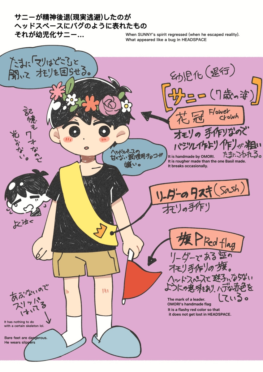2boys alternate_costume alternate_universe antenna_hair arms_at_sides arrow_(symbol) bilingual_text black_eyes black_hair black_shirt blue_slippers blush bright_pupils brown_shorts closed_eyes colored_skin commentary_request double-parted_bangs dual_persona english_text flag flower flower_wreath hair_between_eyes head_wreath highres holding holding_flag invisible_floor looking_at_viewer male_focus mixed-language_text multiple_boys omori omori_(omori) open_mouth parted_lips shirotsume_143 shirt short_hair short_sleeves shorts slippers socks standing sunny_(omori) t-shirt translation_request white_pupils white_skin white_socks