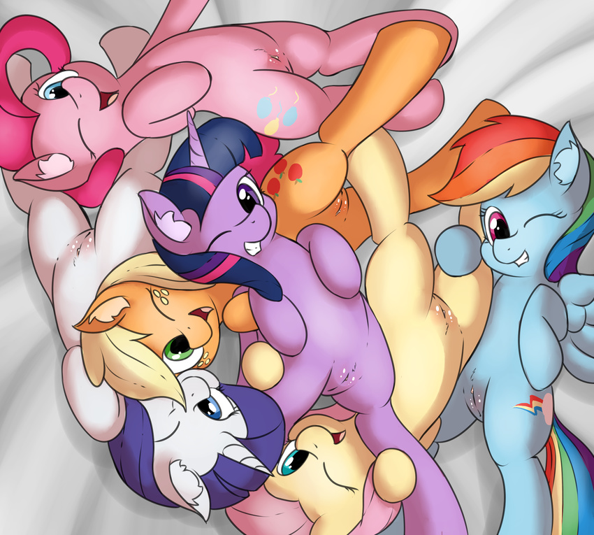 applejack_(mlp) blonde_hair blue_eyes blue_fur ear_fluff equine fearingfun female feral fluttershy_(mlp) freckles friendship_is_magic fur green_eyes group hair horn horse lesbian long_hair lying mammal multi-colored_hair my_little_pony on_back one_eye_closed orange_fur pegasus pink_fur pink_hair pinkie_pie_(mlp) pony purple_eyes purple_fur purple_hair pussy rainbow_dash_(mlp) rainbow_hair rarity_(mlp) twilight_sparkle_(mlp) unicorn white_fur winged_unicorn wings yellow_fur