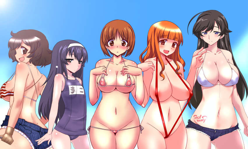 5girls :d ahoge akiyama_yukari alternate_breast_size_(larger) american_flag american_flag_bikini american_flag_print areola_slip arms_at_sides ass ass_visible_through_thighs bare_arms bare_back bare_hips bare_shoulders bikini bikini_top_only black_hair blue_one-piece_swimsuit blue_shorts blue_sky blunt_bangs blush breasts brown_eyes brown_gloves brown_hair cleavage closed_mouth collarbone commentary_request covered_nipples cowboy_shot criss-cross_back-straps cutoffs day denim denim_shorts dimples_of_venus flag_print flag_print_bikini flat_chest from_behind from_side girls_und_panzer gloves grey_eyes groin hairband hands_up isuzu_hana large_breasts long_hair long_sidelocks looking_at_viewer messy_hair micro_bikini multiple_girls name_tag navel nishizumi_miho old_school_swimsuit one-piece_swimsuit open_mouth orange_hair print_bikini reizei_mako sako_(bosscoffee) school_swimsuit school_uniform shiny_skin short_hair short_shorts shorts side-tie_bikini_bottom sideboob sidelocks sideways_glance sky slingshot_swimsuit smile standing stomach stomach_tattoo string_bikini swimsuit takebe_saori tattoo thighs translation_request underboob wet white_hairband