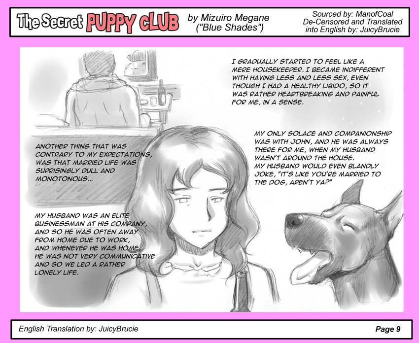 beer beverage canine comic dog english_text female great_dane greyscale human male mammal mizuiro_megane monochrome pink_borders plain_background sketch sofa television text tongue tongue_out translated white_background wife