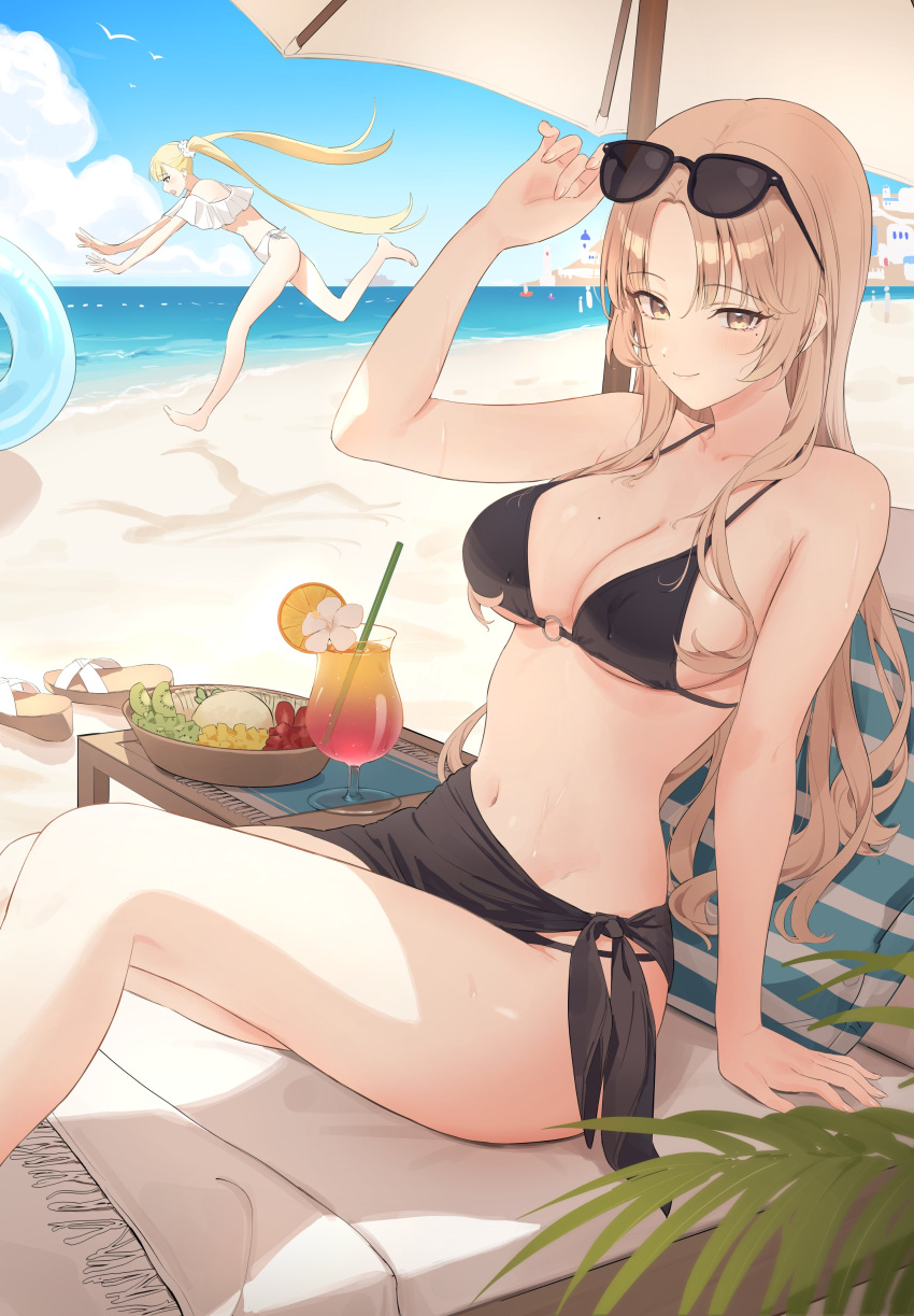 2girls absurdres adjusting_eyewear arm_support bare_shoulders beach beach_umbrella bikini black_bikini black_sarong blonde_hair blue_eyes blue_sky bowl breasts brown_eyes cleavage closed_mouth cloud commentary day drink drinking_straw eyewear_on_head flower food frilled_bikini frills fruit glass hair_ornament hair_scrunchie halterneck hand_up highres horizon innertube kiwi_(fruit) knees_up large_breasts long_hair looking_at_viewer mole mole_on_breast mole_under_eye multiple_girls naruse_u navel o-ring o-ring_bikini ocean off-shoulder_bikini off_shoulder orange_(fruit) orange_slice original outdoors parted_bangs running sand sandals sarong scrunchie sitting sky smile spaghetti_strap stomach string_bikini summer sunglasses swim_ring swimsuit triangle_bikini_top twintails umbrella underboob unworn_sandals wet wet_clothes white_bikini white_flower
