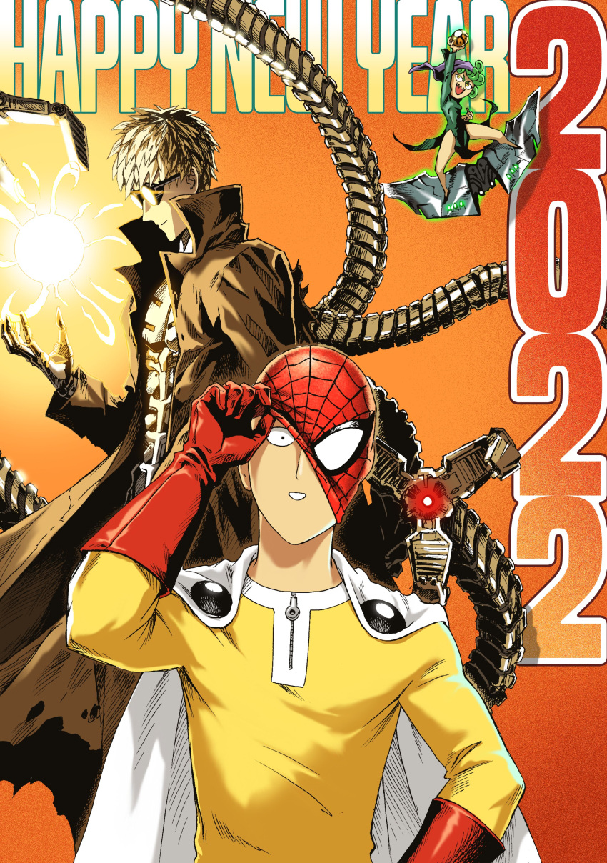 2022 absurdres aircraft aura blonde_hair bomb cape coat cosplay cyborg doctor_octopus doctor_octopus_(cosplay) dress explosive genos glider gloves goggles green_dress green_goblin green_goblin_(cosplay) green_hair highres holding holding_bomb marvel mask mask_pull mechanical_tentacles new_year one-punch_man open_clothes open_coat pedrozox2093 phrygian_cap red_gloves saitama_(one-punch_man) smile spider-man spider-man_(cosplay) spider-man_(original_suit) spider-man_(series) spider-man_2_(2004) spider_web_print superhero_costume tatsumaki torn_clothes torn_coat trench_coat white_cape yellow_eyes