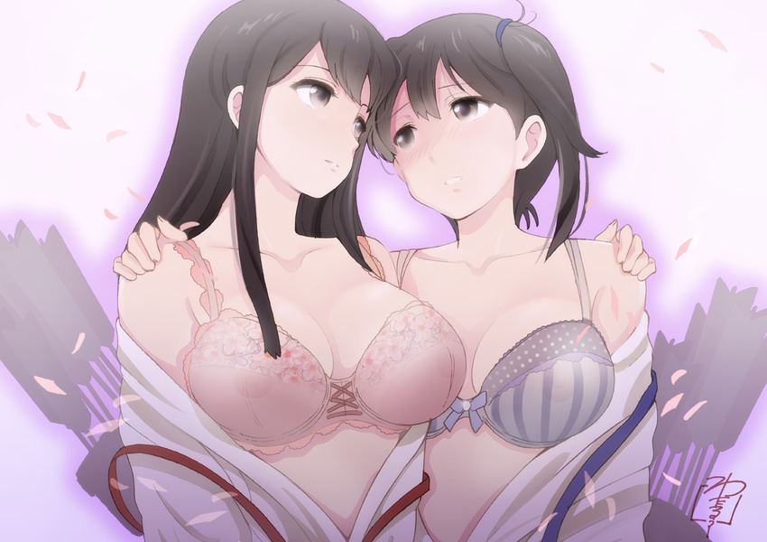 akagi_(kantai_collection) arrow black_eyes black_hair blush bra breasts cleavage covered_nipples eye_contact hand_on_another's_shoulder japanese_clothes kaga_(kantai_collection) kantai_collection large_breasts long_hair looking_at_another multiple_girls nipples off_shoulder open_clothes parted_lips petals pink_bra quiver see-through short_hair side_ponytail striped tasuki underwear upper_body vertical-striped_bra vertical_stripes yamasaki_wataru yuri