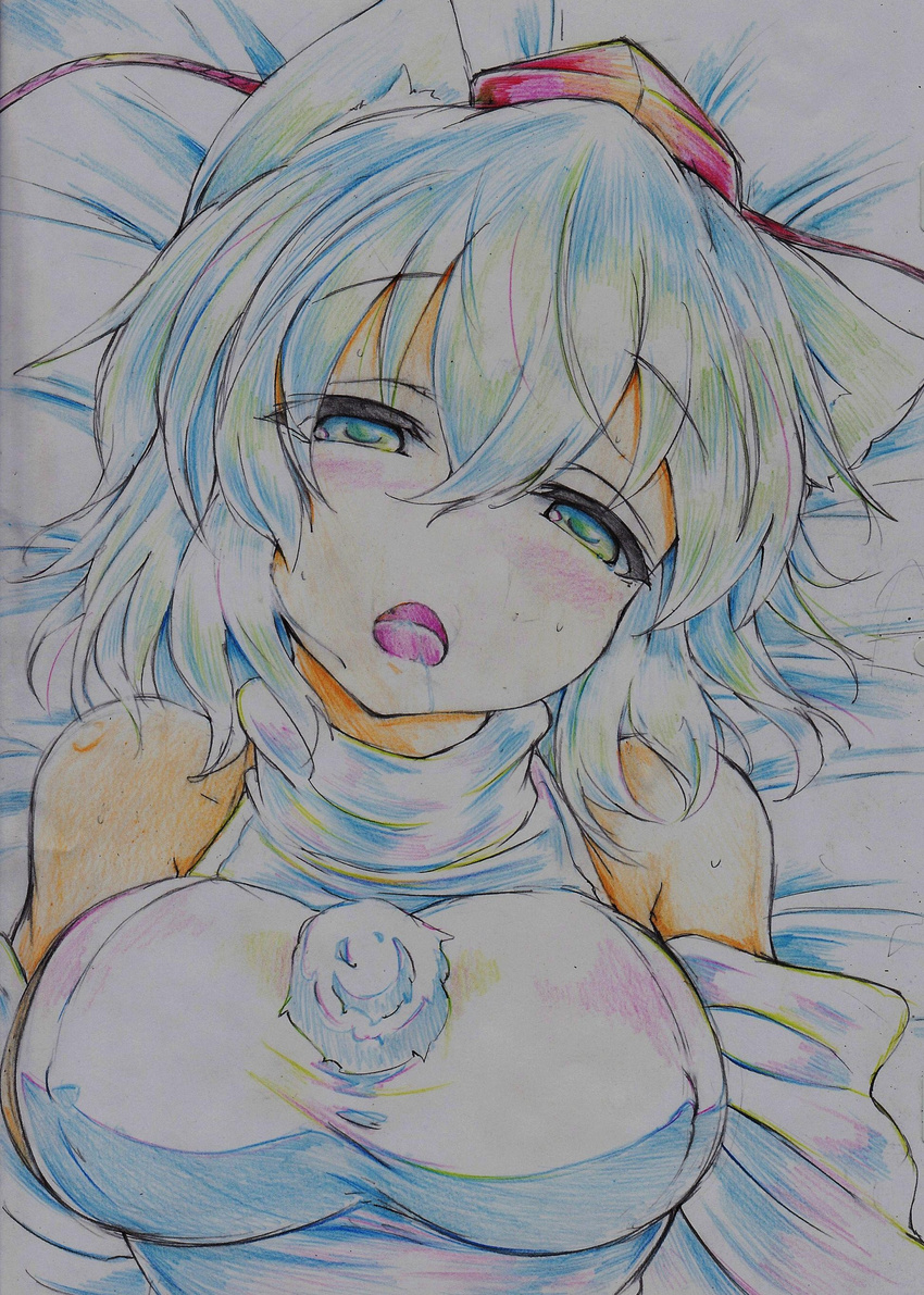 absurdres animal_ears blush breasts colored_pencil_(medium) detached_sleeves grey_eyes half-closed_eyes hat highres inubashiri_momiji kitazinger large_breasts looking_at_viewer lying on_back open_mouth saliva saliva_trail sideboob silver_hair solo sweat tokin_hat touhou traditional_media upper_body wolf_ears