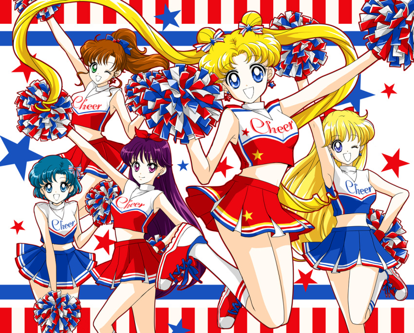 5girls ;d aino_minako arm_up bishoujo_senshi_sailor_moon blonde_hair blue_bow blue_eyes blue_skirt bow breasts cheerleader crop_top double_bun earrings floating_hair green_eyes grin hair_bow hand_on_hip high_ponytail hino_rei inner_senshi jewelry kino_makoto long_hair looking_at_viewer medium_breasts midriff miniskirt mizuno_ami multiple_girls one_eye_closed open_mouth pink_eyes pleated_skirt pom_poms purple_hair red_bow red_skirt sarashina_kau short_hair skirt sleeves smile star star_earrings stomach striped striped_bow tsukino_usagi twintails very_long_hair