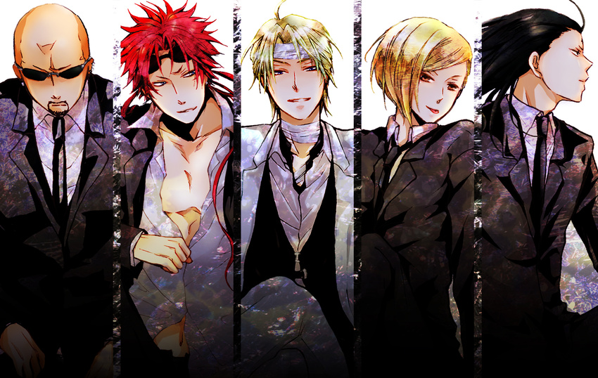 1girl 4boys :p artist_request bald black_hair blonde_hair blue_eyes brown_eyes elena_(ff7) facial_mark final_fantasy final_fantasy_vii formal long_hair multiple_boys necktie nora_(amaiama) red_hair reno rude rufus_shinra short_hair suit tongue tongue_out tseng