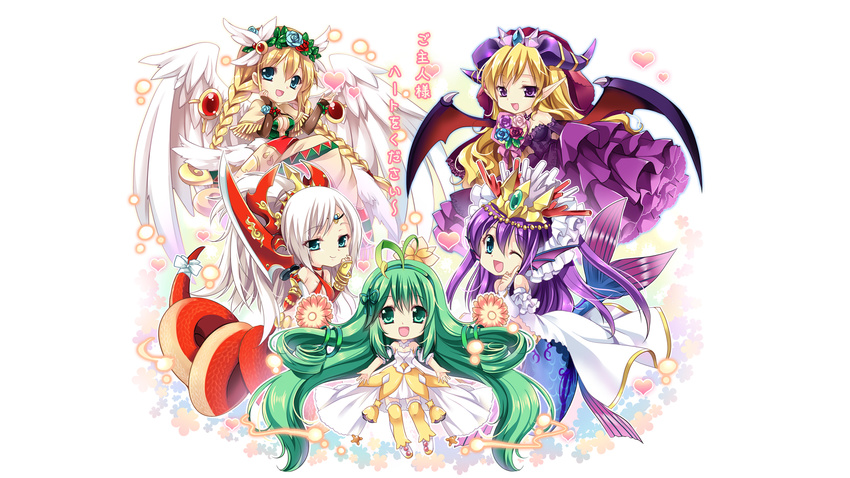 alraune_(p&amp;d) aqua_eyes aqua_hair archangel_(p&amp;d) blonde_hair blue_eyes braid chibi dress echidna_(p&amp;d) flower headdress heart highres horns lilith_(p&amp;d) long_hair looking_at_viewer mermaid monster_girl multiple_girls open_mouth pointy_ears purple_dress purple_eyes puzzle_&amp;_dragons sakurano_tsuyu siren_(p&amp;d) smile sword translation_request twin_braids very_long_hair weapon white_hair wince wings